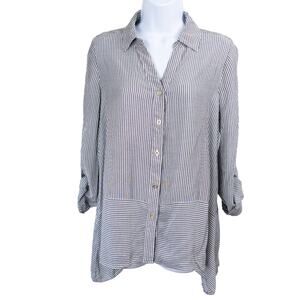 Jones New York Gray White Stripe Button Down Blouse, Small